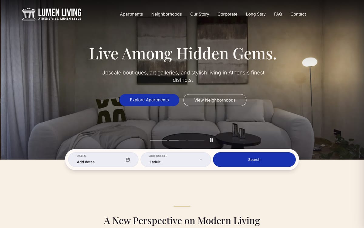 Startseite von Lumen Living mit der Überschrift „Live Among Hidden Gems.“ und einer Suchleiste für Reisedaten
