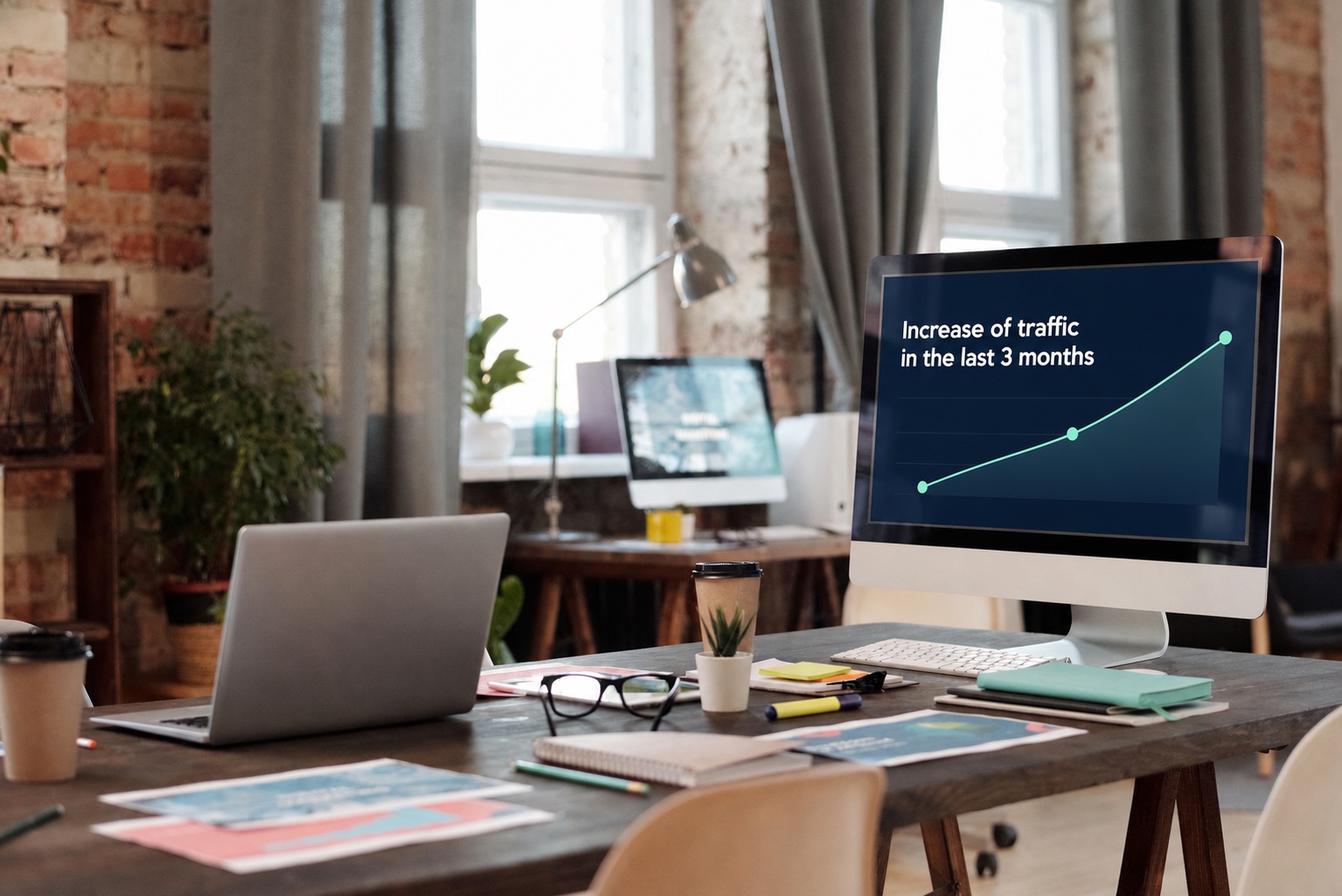 Schreibtisch mit Monitor, auf dem ein über drei Monate steigender Verlauf der Website-Besucher zu sehen ist