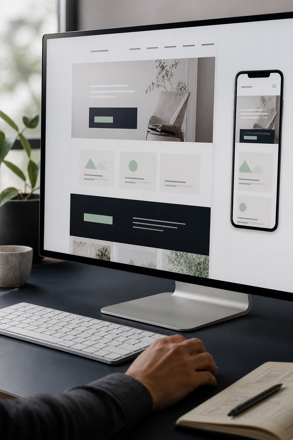 Monitor mit einem Website-Entwurf, daneben ein Smartphone mit derselben Seite in der mobilen Ansicht