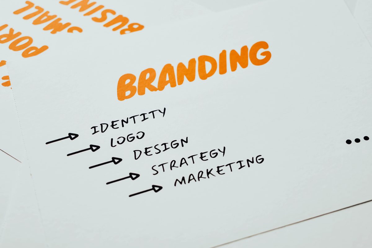 Branding: ταυτότητα και στρατηγική πριν από το σχέδιο Σημειωματάριο με τη λέξη Branding και βέλη προς Identity, Logo, Design, Strategy και Marketing